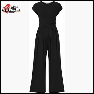 Ribbed Knit Wide Leg Jumpsuit with Cap Sleeves and Pockets